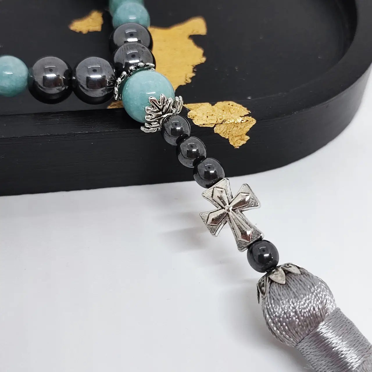 Handmade Hematite and Aquamarine Rosary with 50 Beads