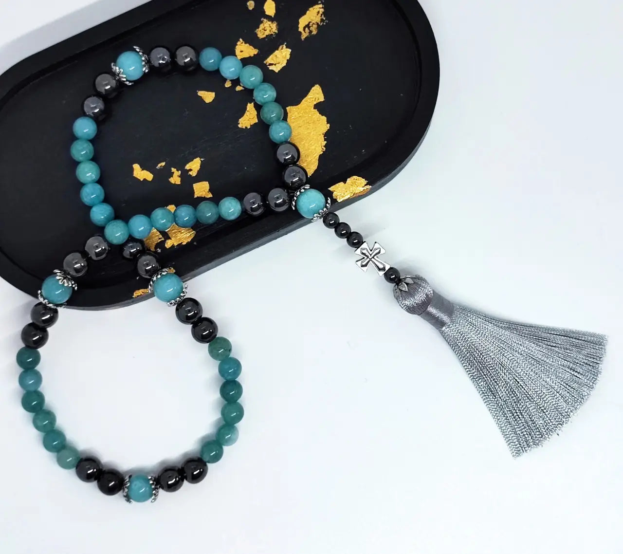 Handmade Hematite and Aquamarine Rosary with 50 Beads