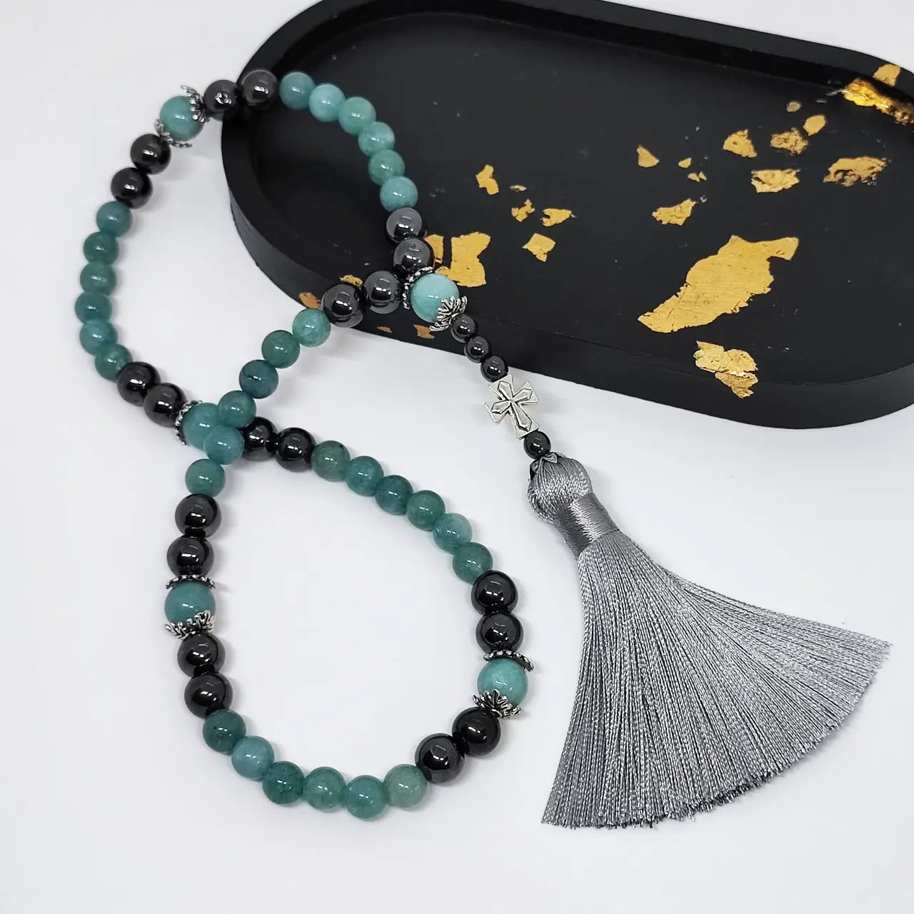 Handmade Hematite and Aquamarine Rosary with 50 Beads