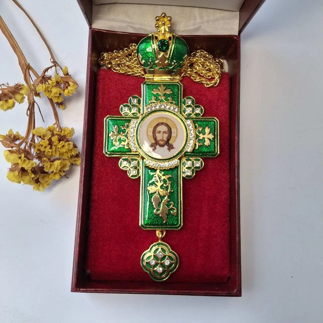 Award cross for priests, green with white stones